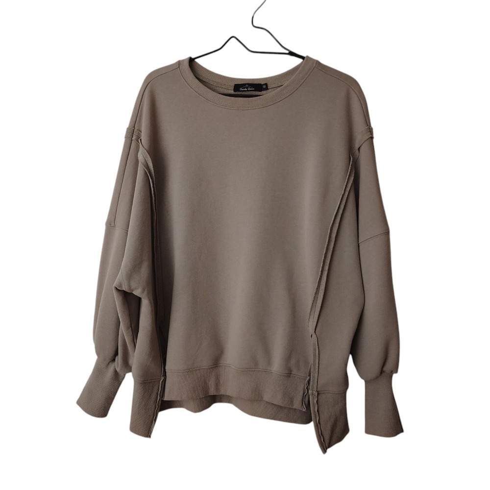 Trendy Queen Womens Oversized Sweatshirt Taupe Exposed Seams Side Slit Size M